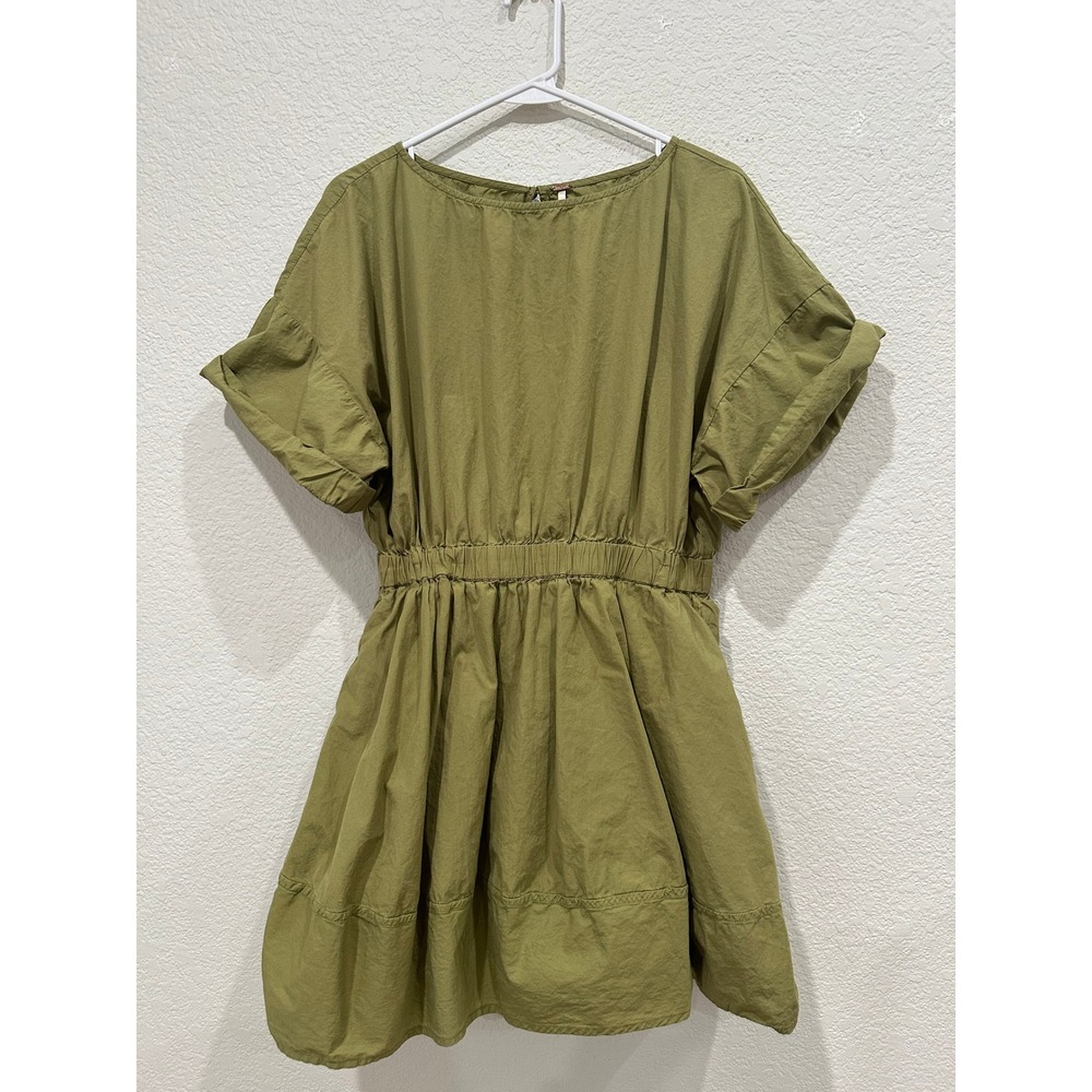 Free People Olive Green Cotton Elastic Waist Mini Dress Short Sleeve Pockets S